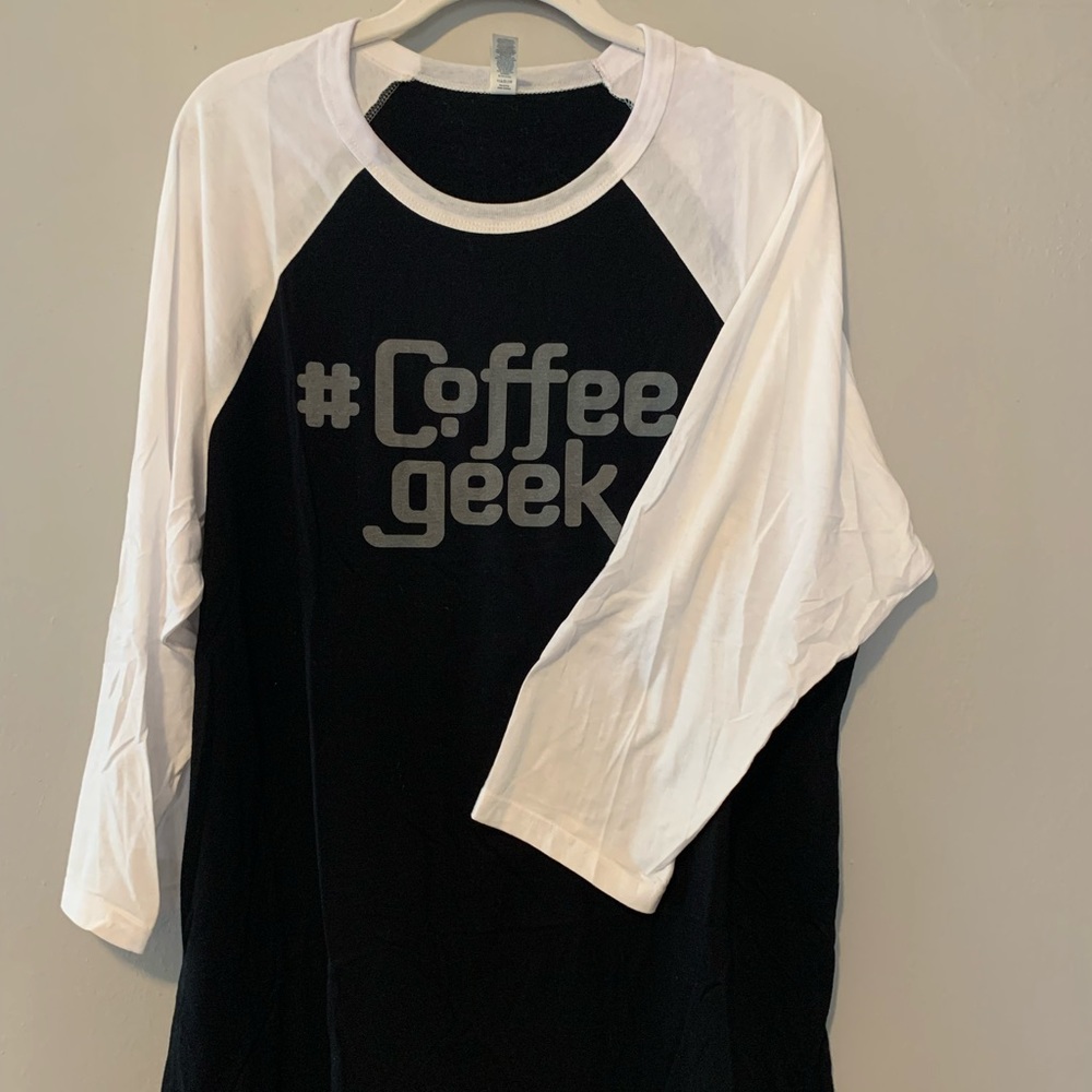 XL Coffee Geek Raglan Shirt. Unisex